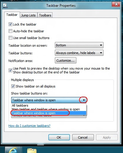 Windows 8 Taskbar Properties Choices